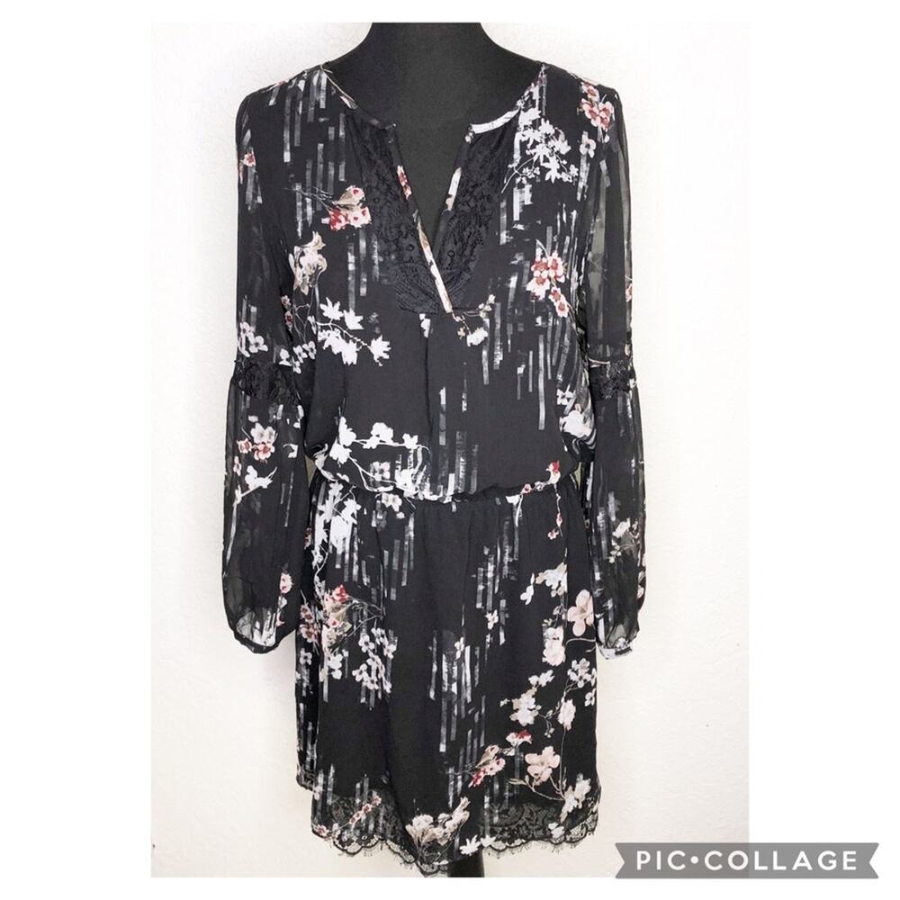 WHBM black white pink floral lace trim sheer overlay blouson dress size 12